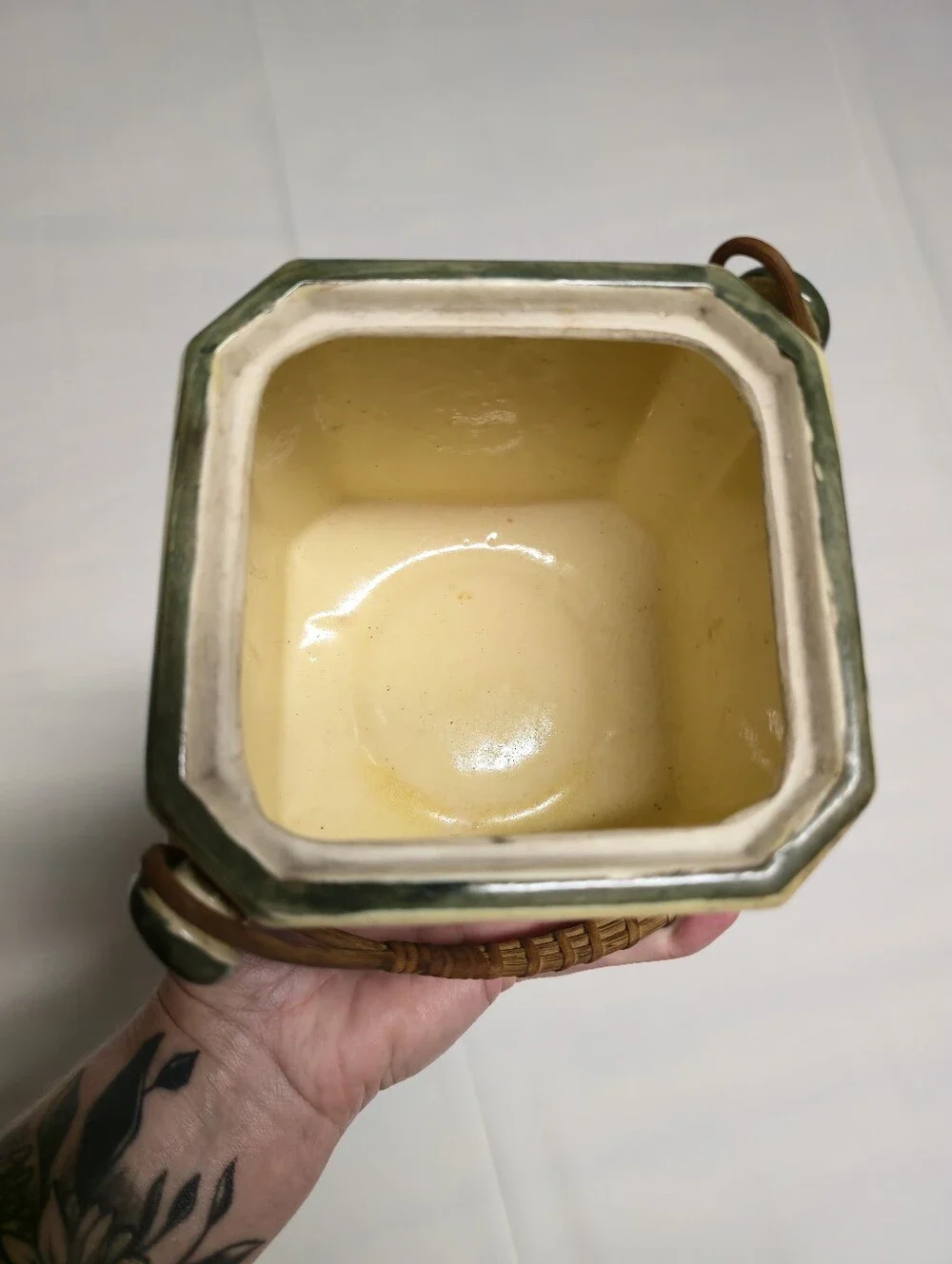 Vintage Japanese Ceramic Hexagonal Tea/Biscuit Canister with Woven Handle
